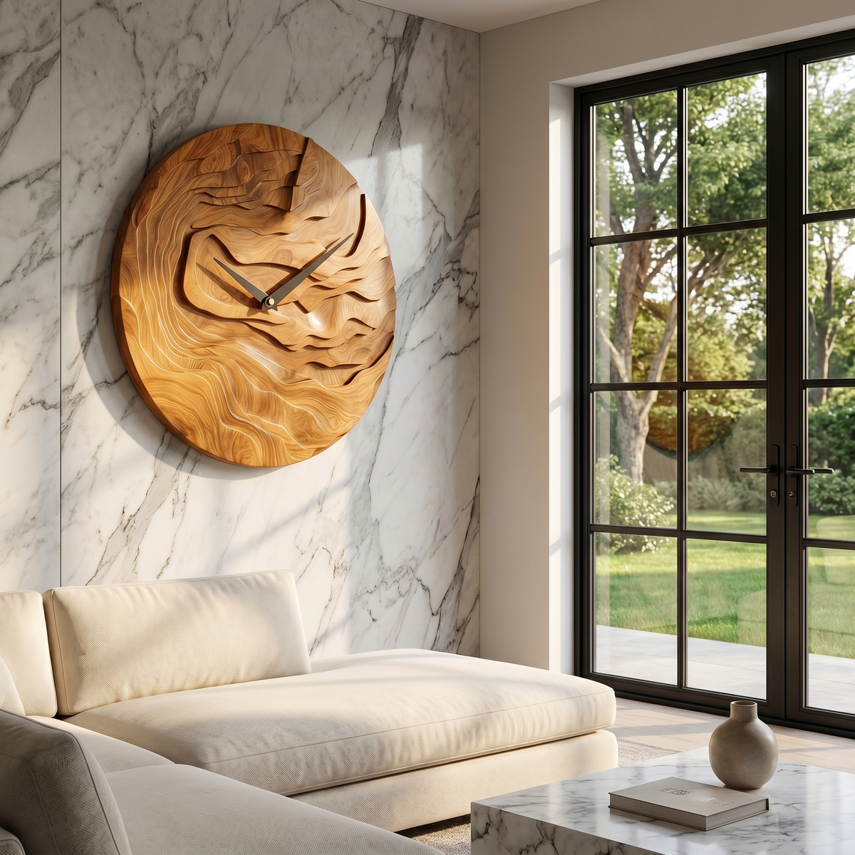 Rustic Wood Wall Clock with Hand Carved Organic Pattern for Living Room