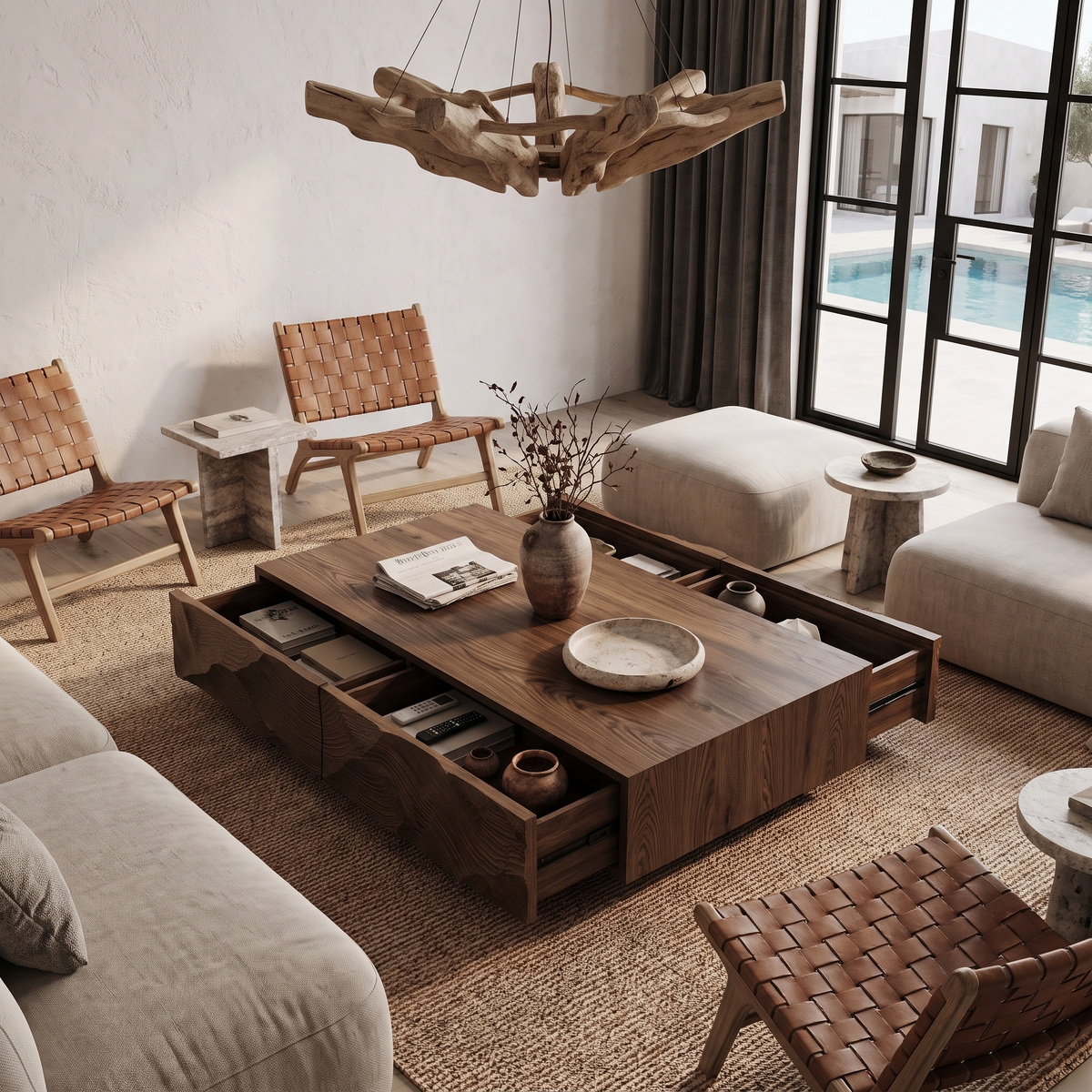 Contemporary Coffee Table With Sculptural Carved Drawer Front For Living Room