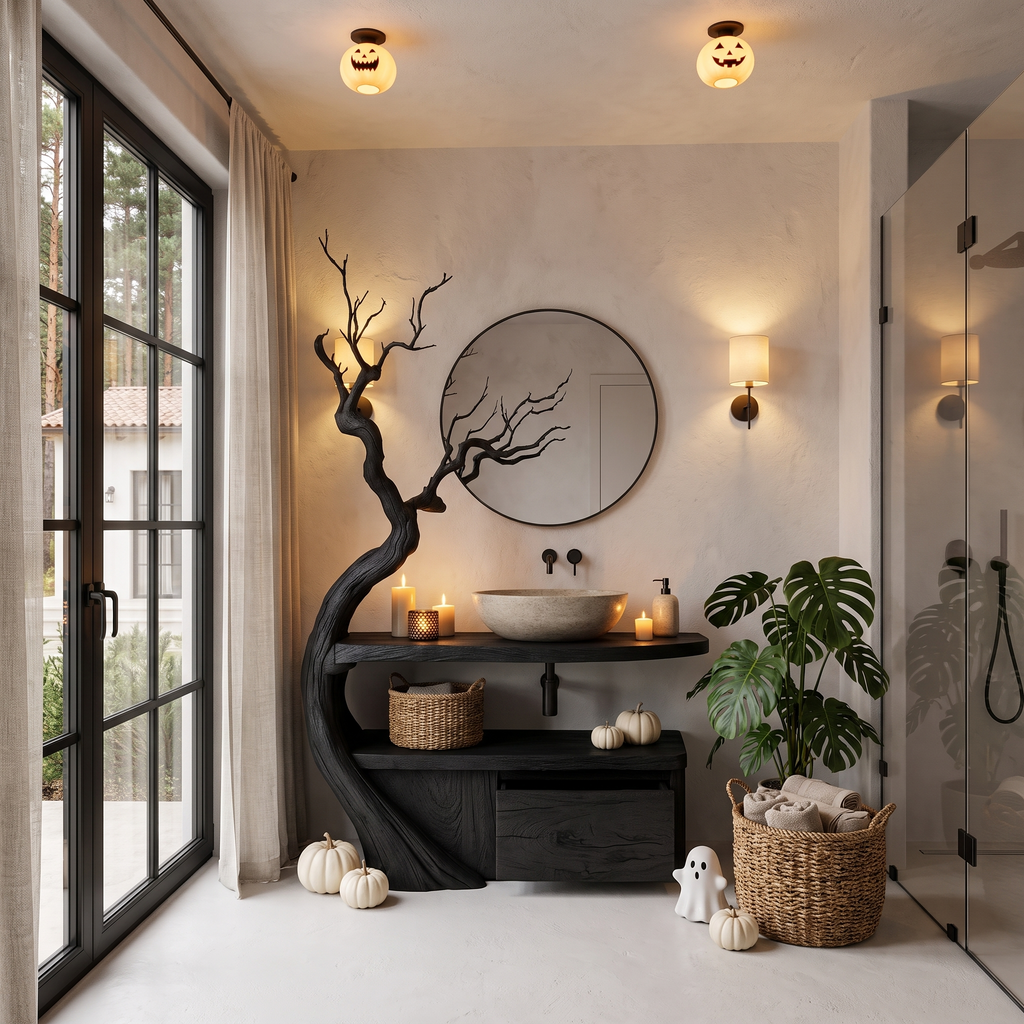 Gothic Halloween Bathroom Vanity With Haunted Tree Branch Design For Bathroom
