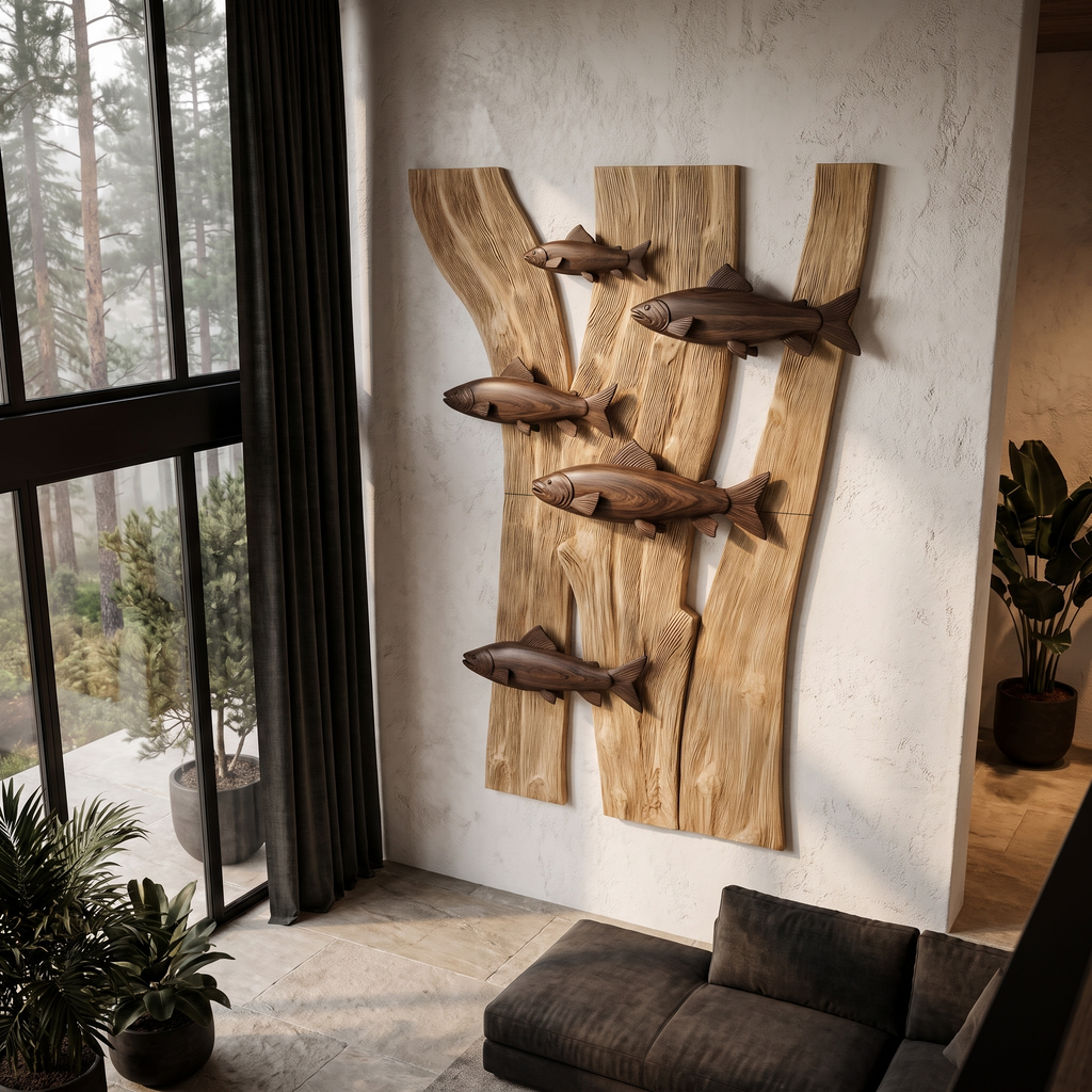Contemporary Wooden Fish Wall Decor With Sculptural River Scene For Living Room And Entryway