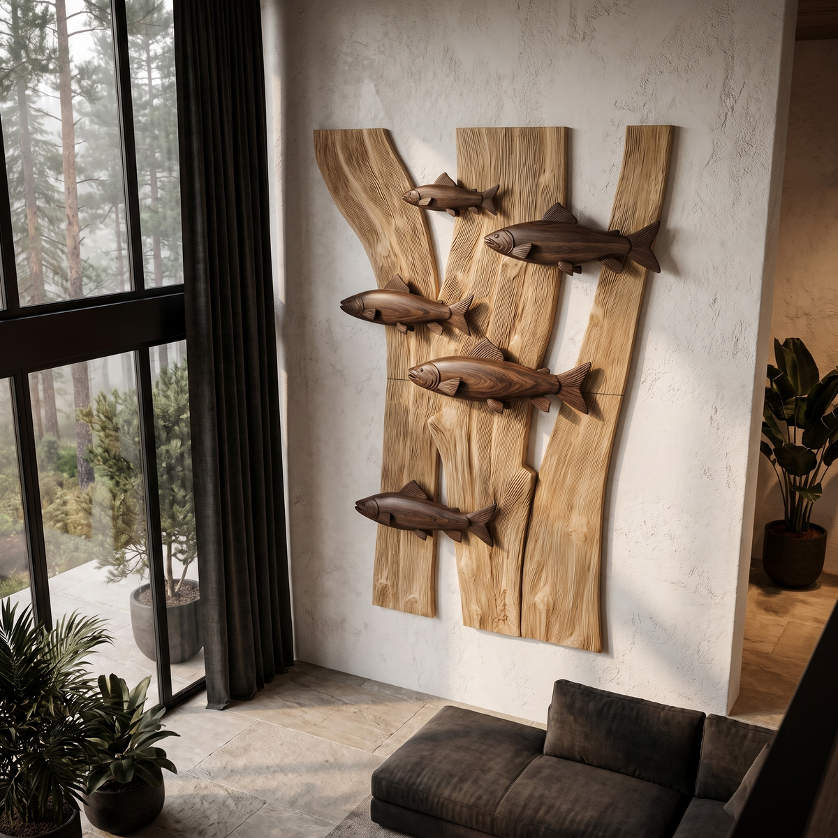 Contemporary Wooden Fish Wall Decor With Sculptural River Scene For Living Room And Entryway