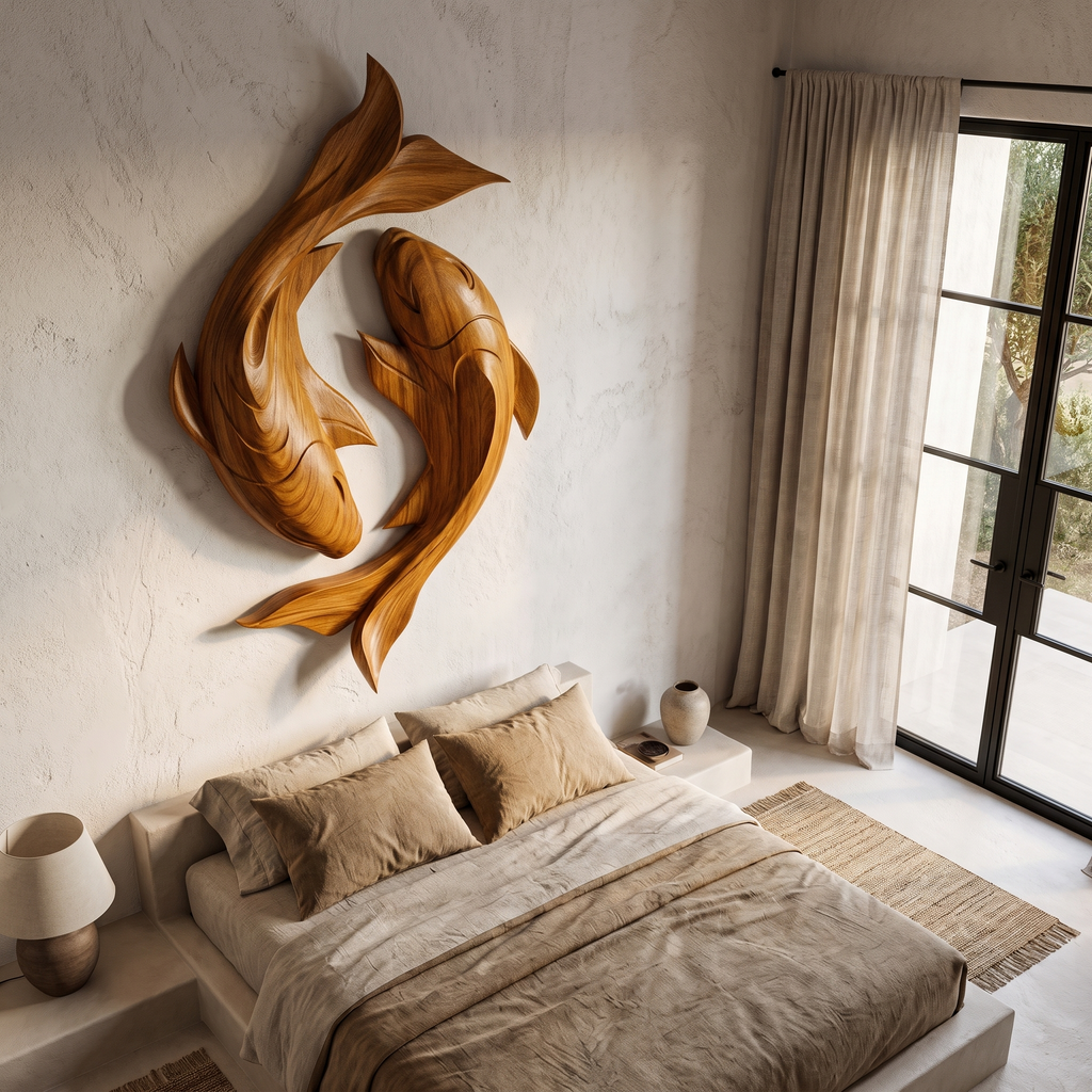 Contemporary Wood Wall Sculpture With Carved Koi Fish Design For Living Room And Office