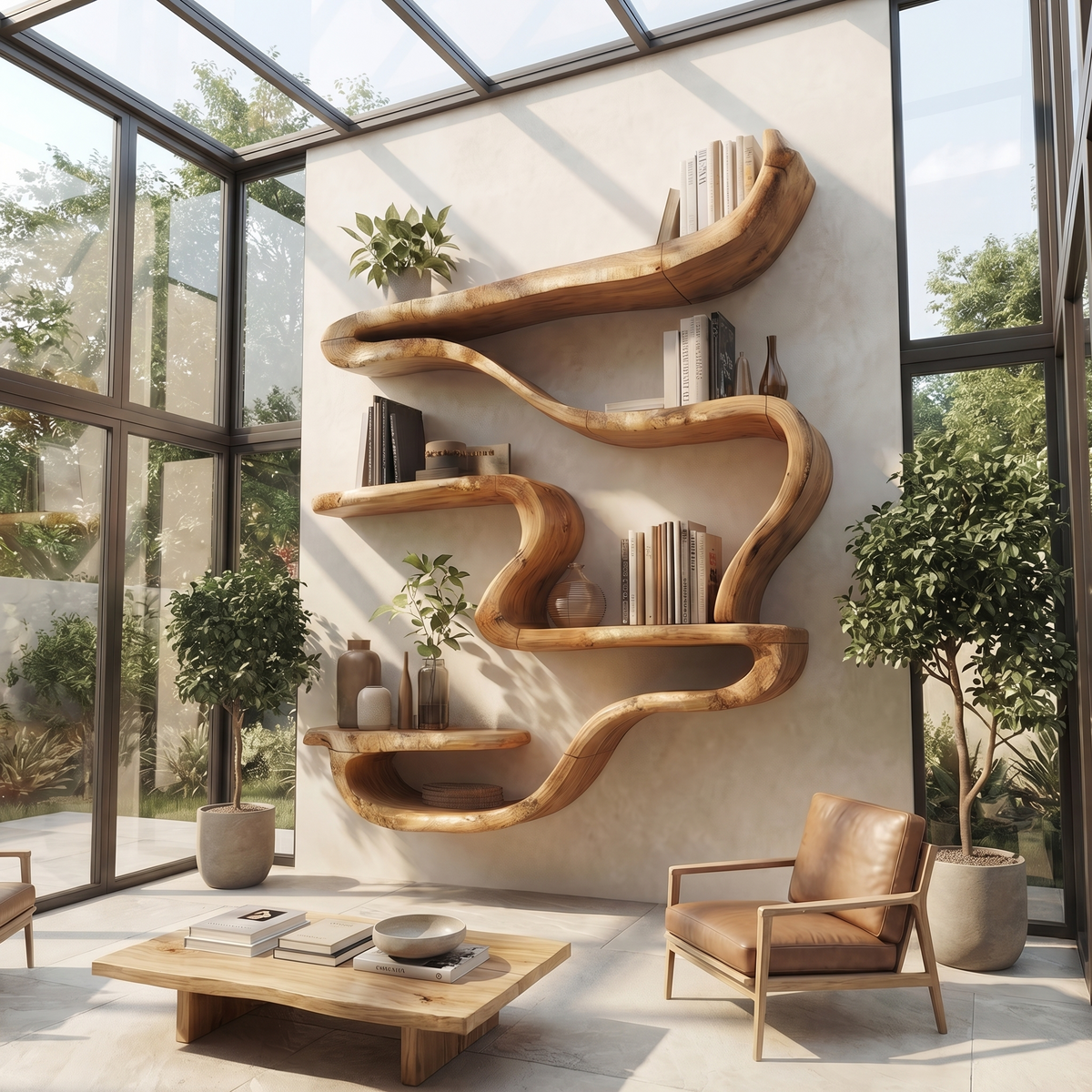 Wall Mounted Bookshelf, Organic Curved Wood Shelf for Reading Room
