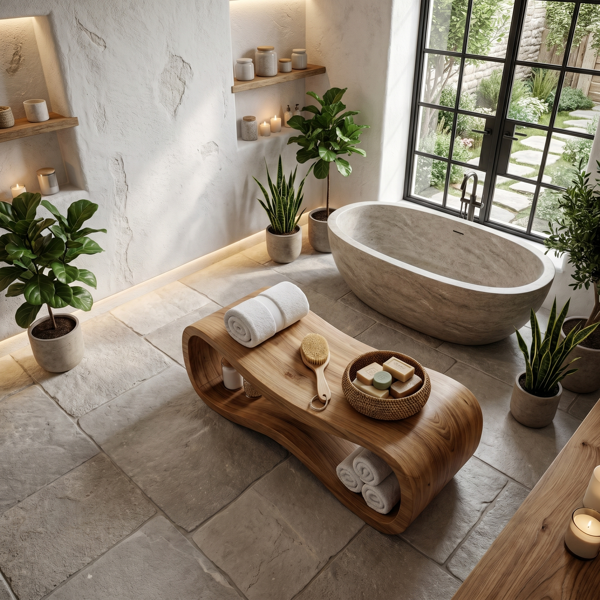 Wooden Shower Bench, Curved Sculptural Spa Seat with Storage Shelf