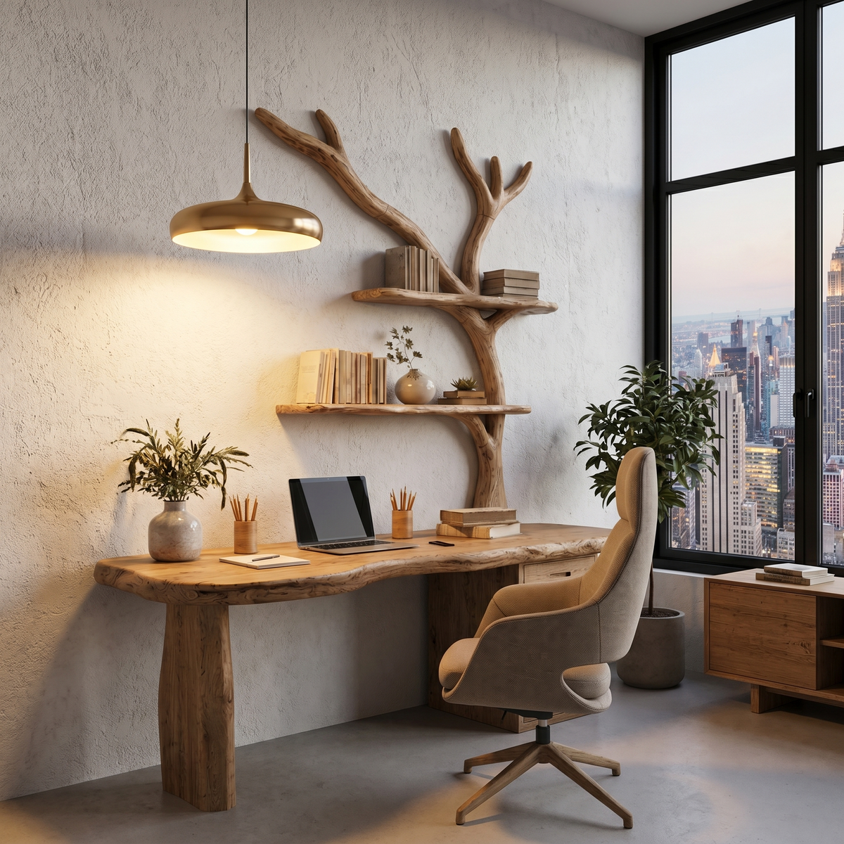 Tree Branch Desk with Bookshelf and Drawers, Live Edge Solid Wood