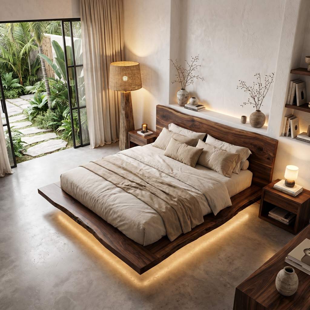 Live Edge Bed Frame, Rustic Solid Wood Platform Bed with Headboard