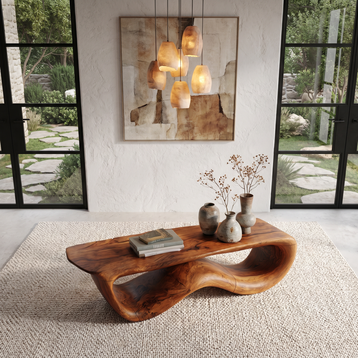 Contemporary Coffee Table With Flowing Solid Wood Silhouette