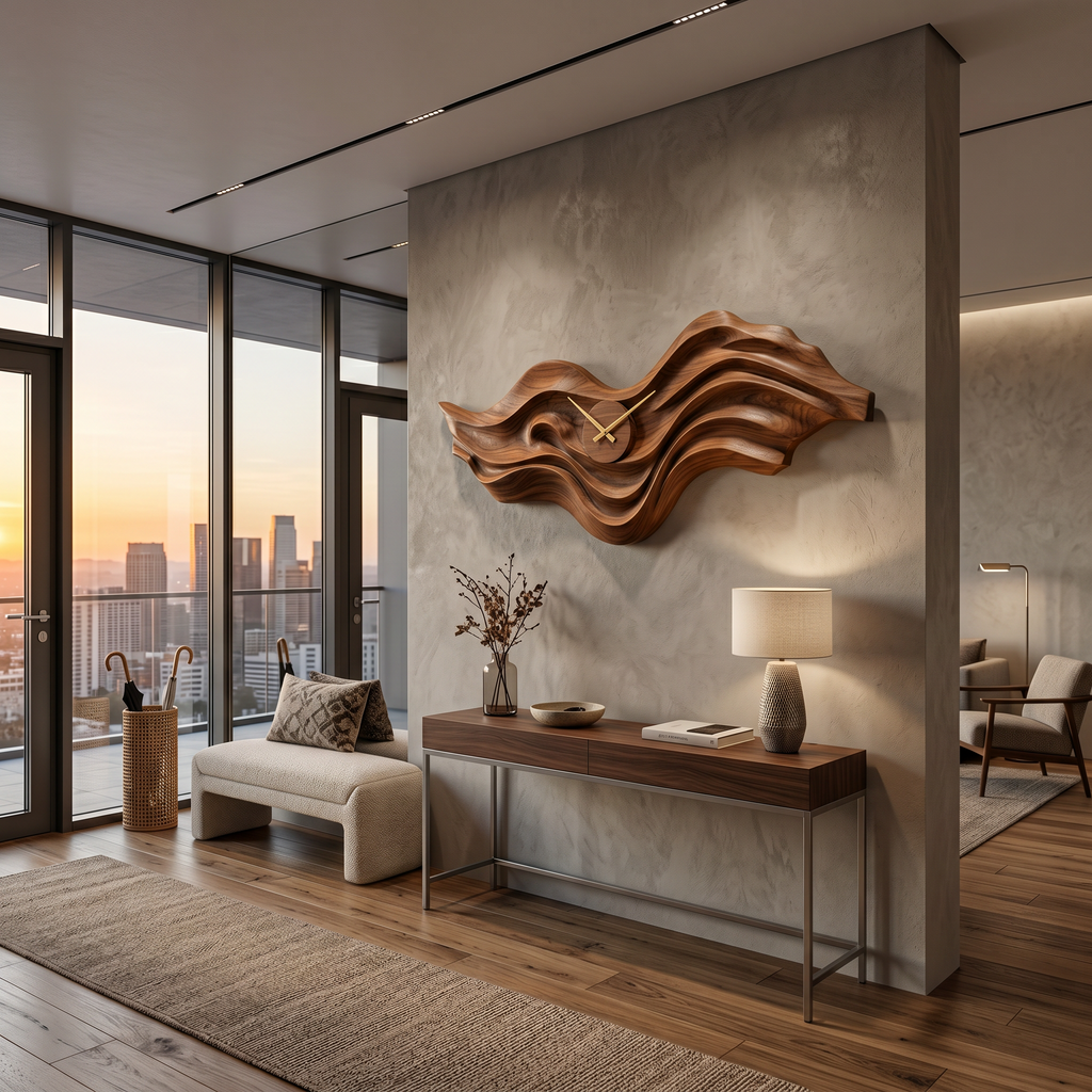 Organic Wood Wall Clock with Wave Sculpture for Living Interior