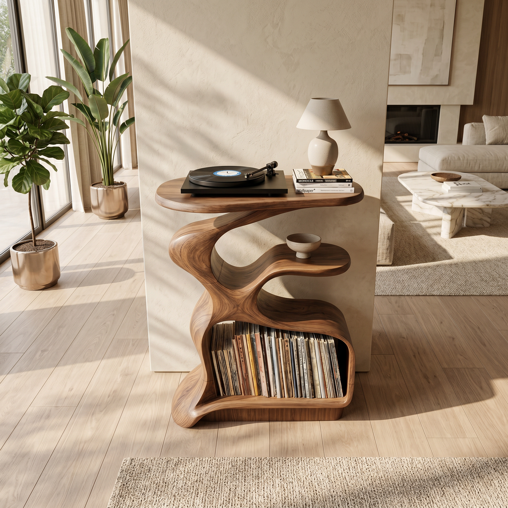 Record Player Stand Mid Century Wood Media Stand for Living Room
