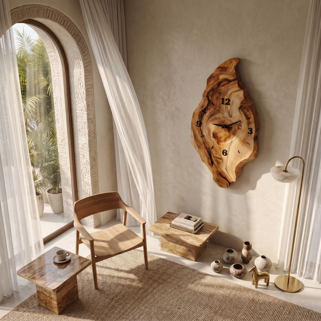 Rustic Wall Clock with Live Edge Design, Handcrafted Organic Solid Wood Silent Round
