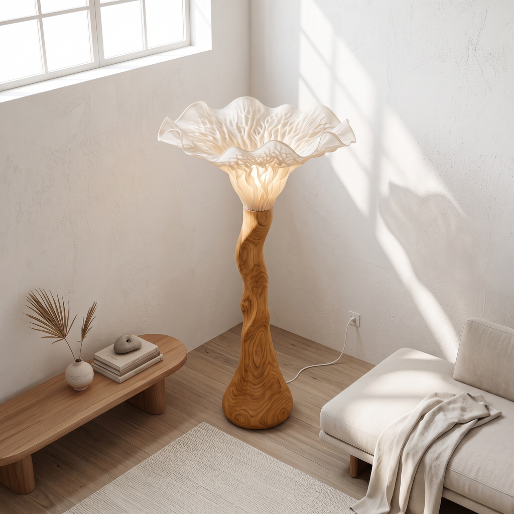 Farmhouse Sculptural Wooden Mushroom Floor Lamp For Bedroom