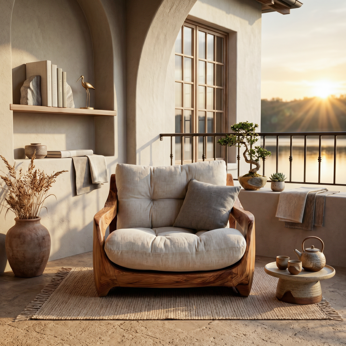 Organic Lounge Chair with Cushions, Carved Wood Frame Accent Seating