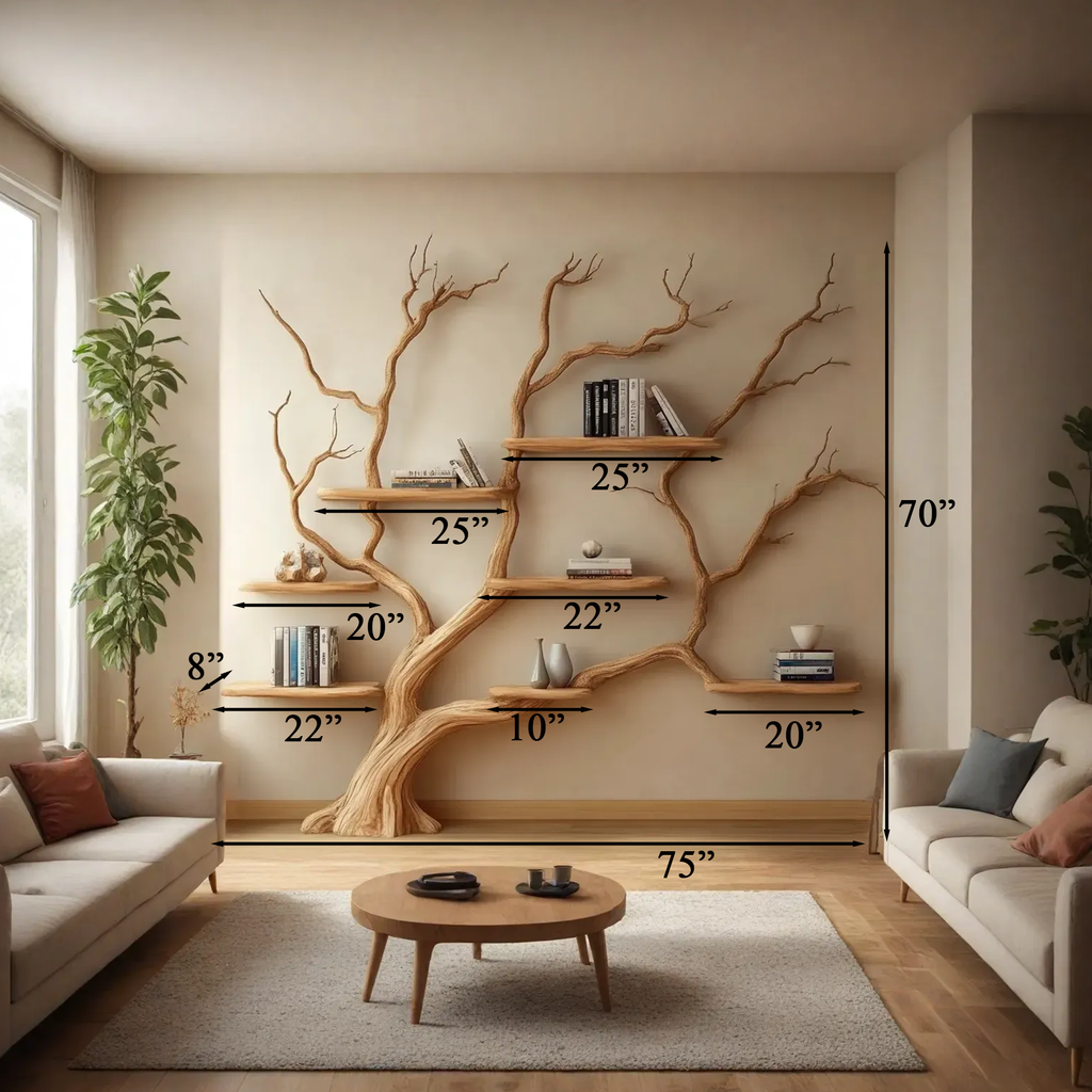 Branch Tree Wall Shelf, Rustic Wall Mounted Bookshelf, Extra Wide