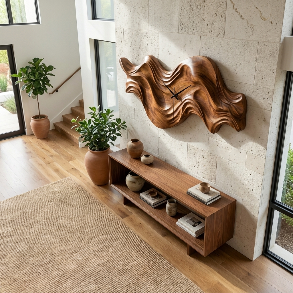 Modern Wooden Wall Clock, Organic Wave Solid Wood Hanging Art Timepiece