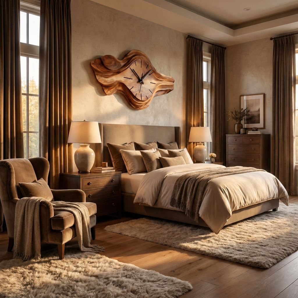 Organic Wooden Wall Clock, Sculptural Wave Design Wood Clock for Bedroom