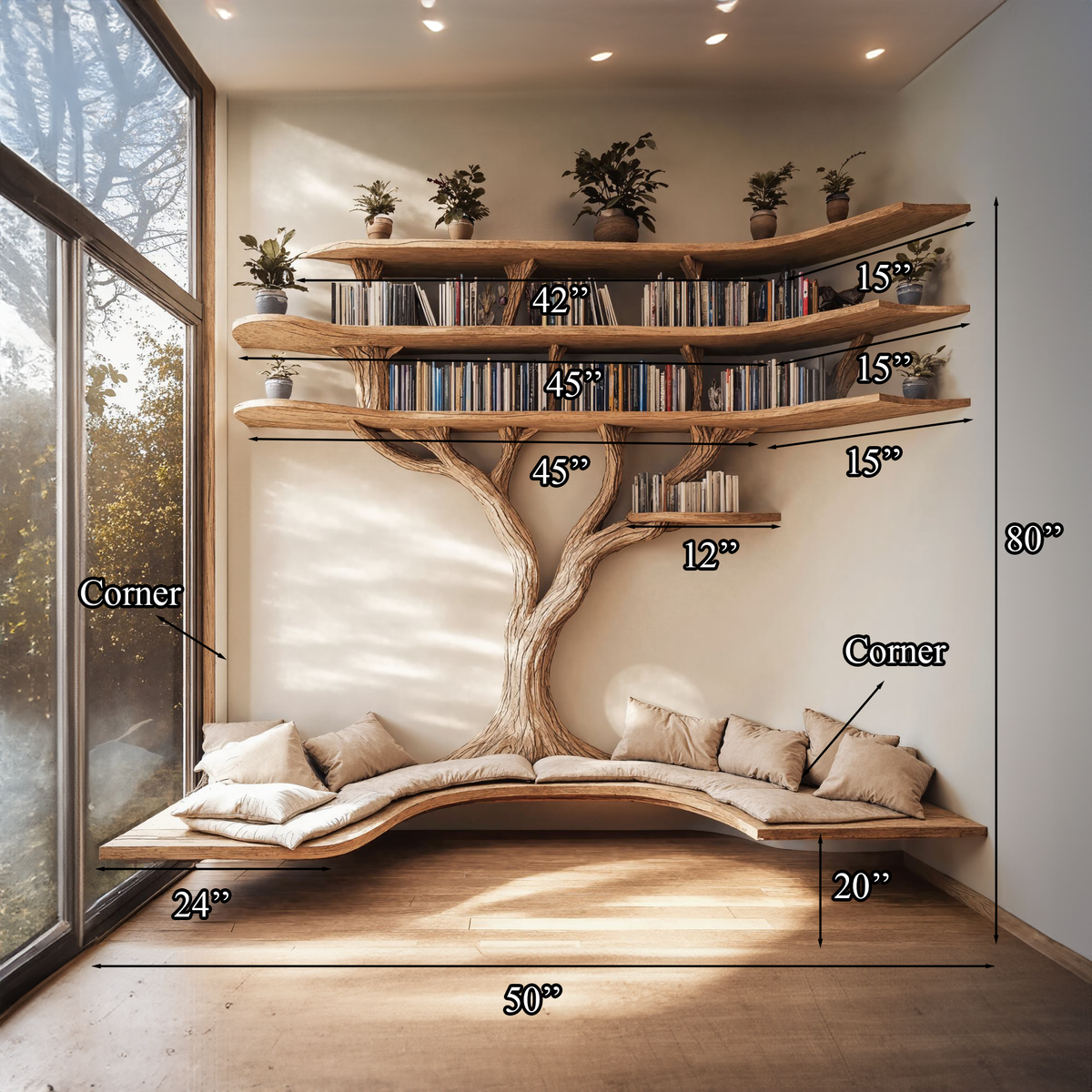 Driftwood Branch Tree Bookshelf With U Shaped Bench Custom Corner Bench