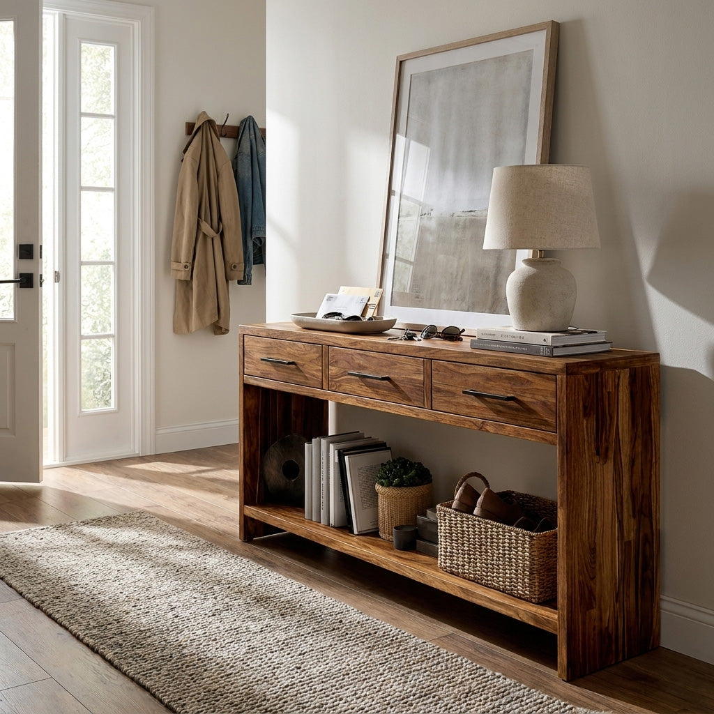 Console Table With Drawers, Solid Wood Entryway Table