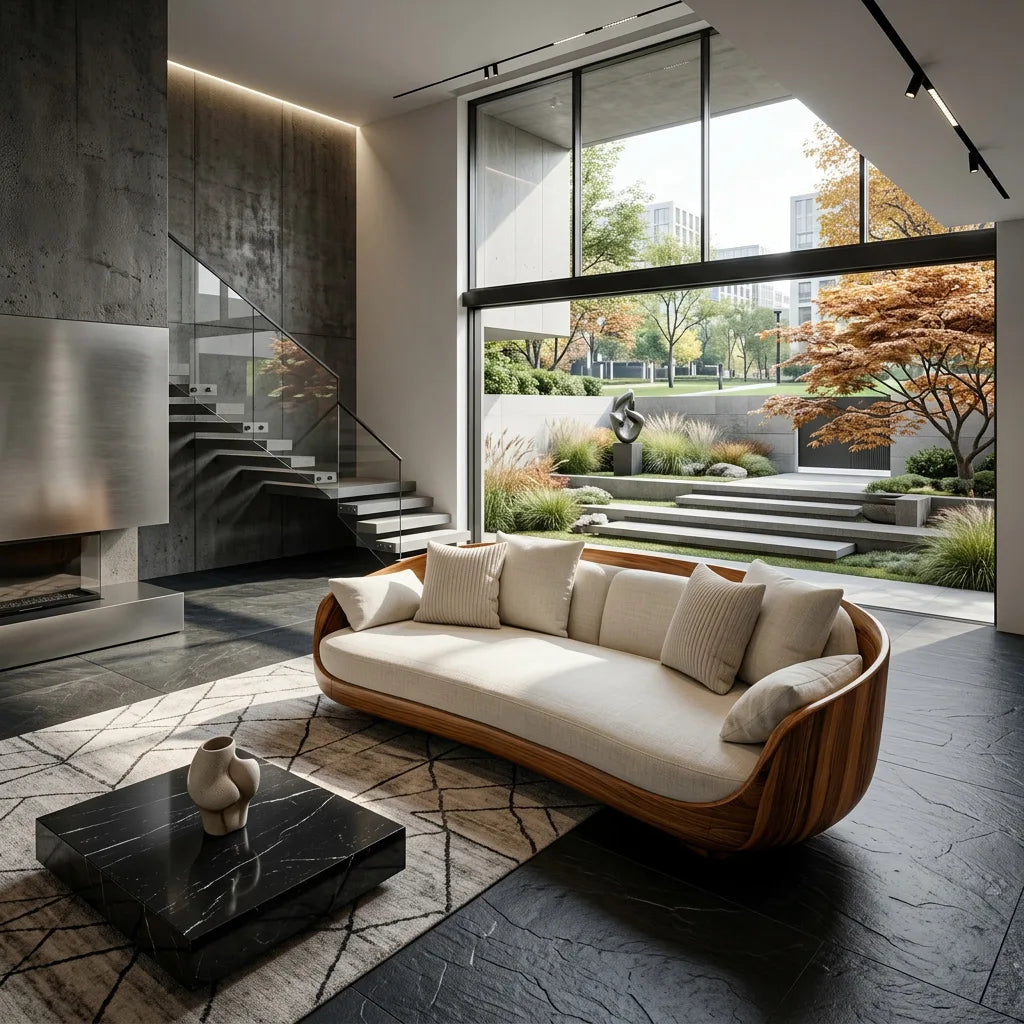 Contemporary Curved Wooden Sofa With Upholstered Seat For Living Room