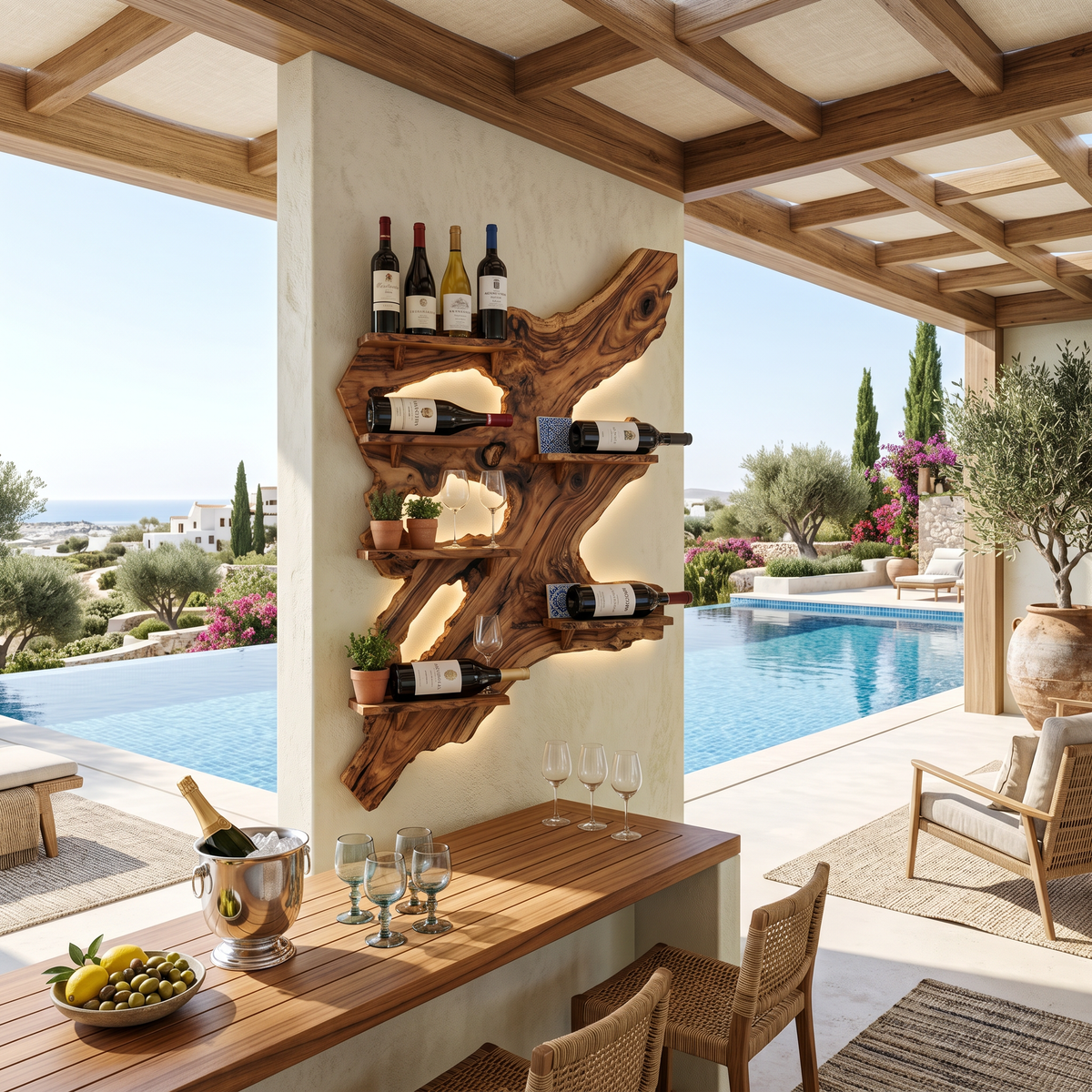 Rustic Wine Rack, Monkey Pod Wood Wall Display for Home Bar