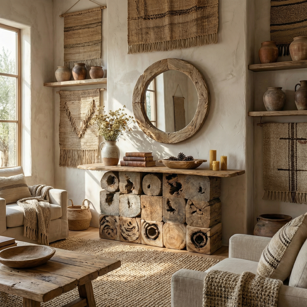 Log Console Table, Rustic Natural Wood Round Mosaic Entryway Table