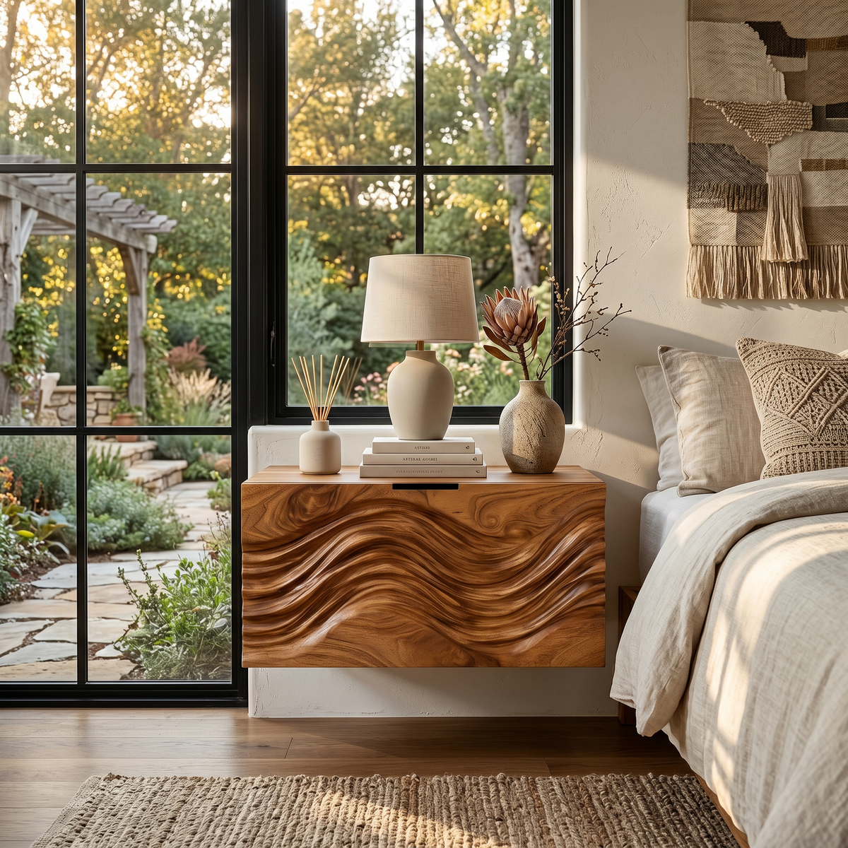 Modern Wooden Floating Nightstand With Wave Carved Drawer Front