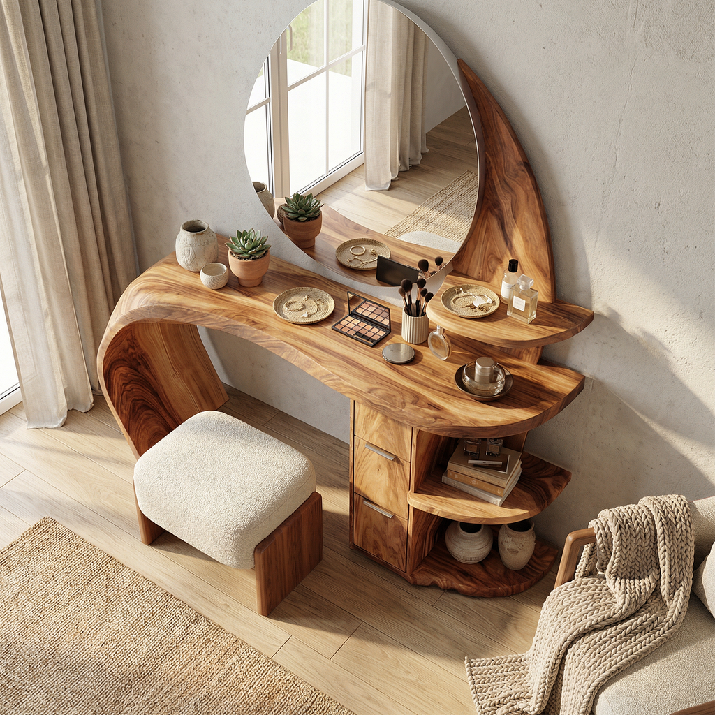 Makeup Vanity Desk, Classic Solid Wood Dressing Table with Shelves