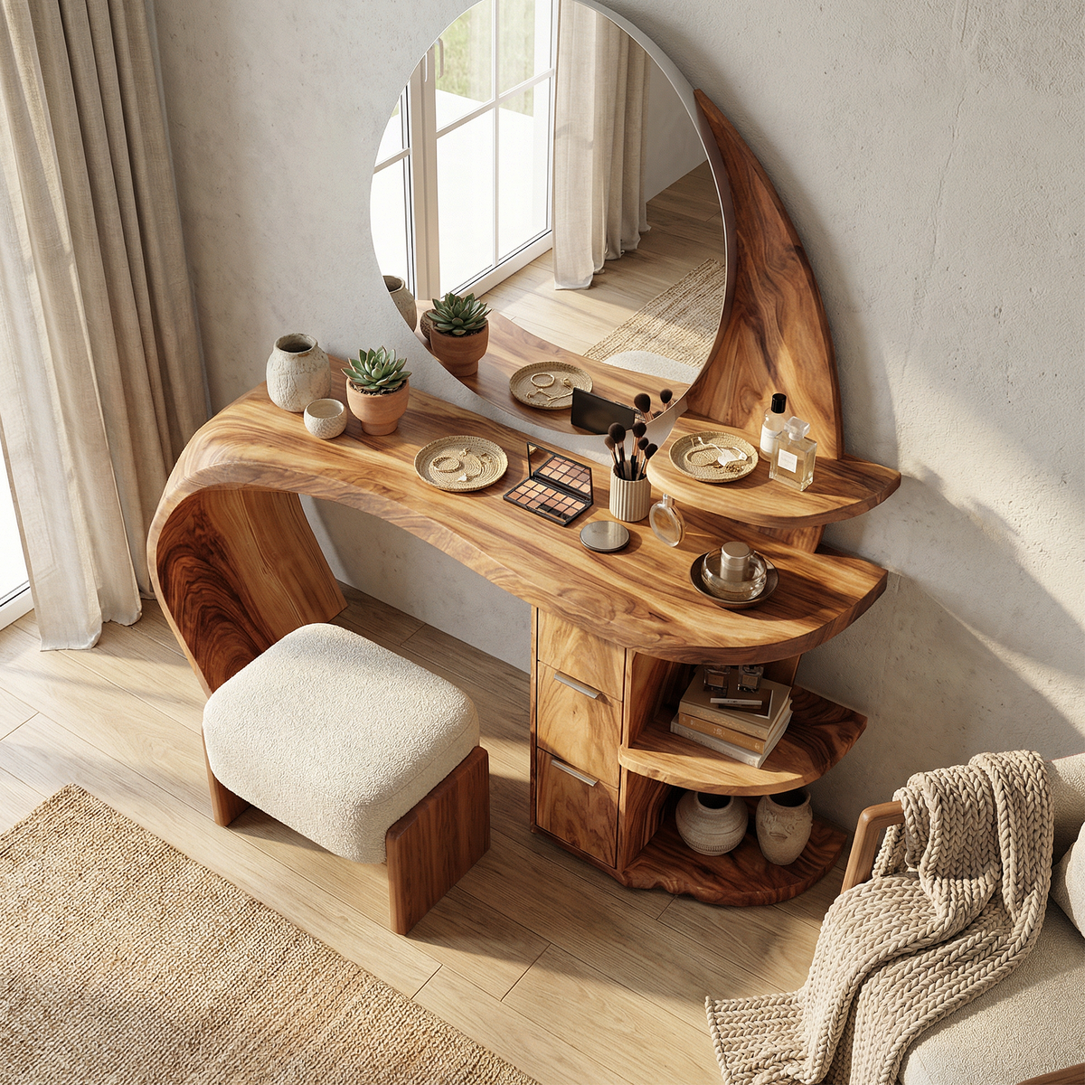 Makeup Vanity Desk, Classic Solid Wood Dressing Table with Shelves