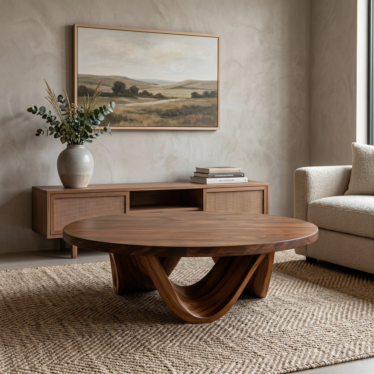 Contemporary Round Coffee Table With Continuously Curved Base For