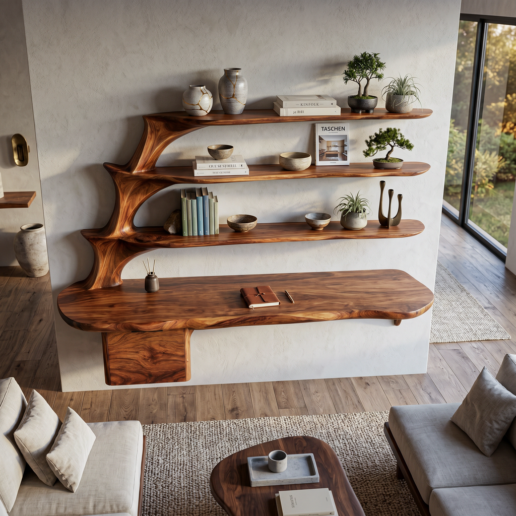 Contemporary Floating Desk With Display Shelves And Drawers For
