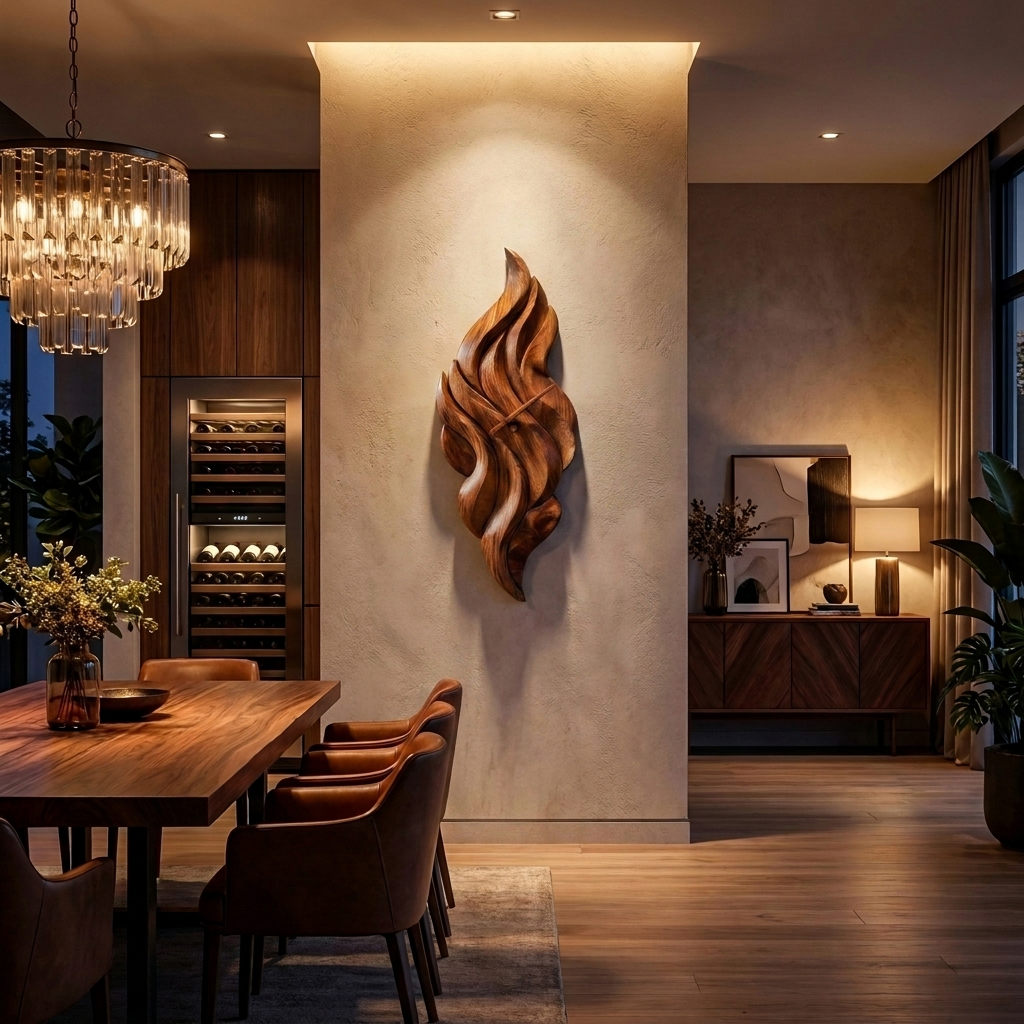 Modern Wooden Wall Clock with Sculptural Wave Carving
