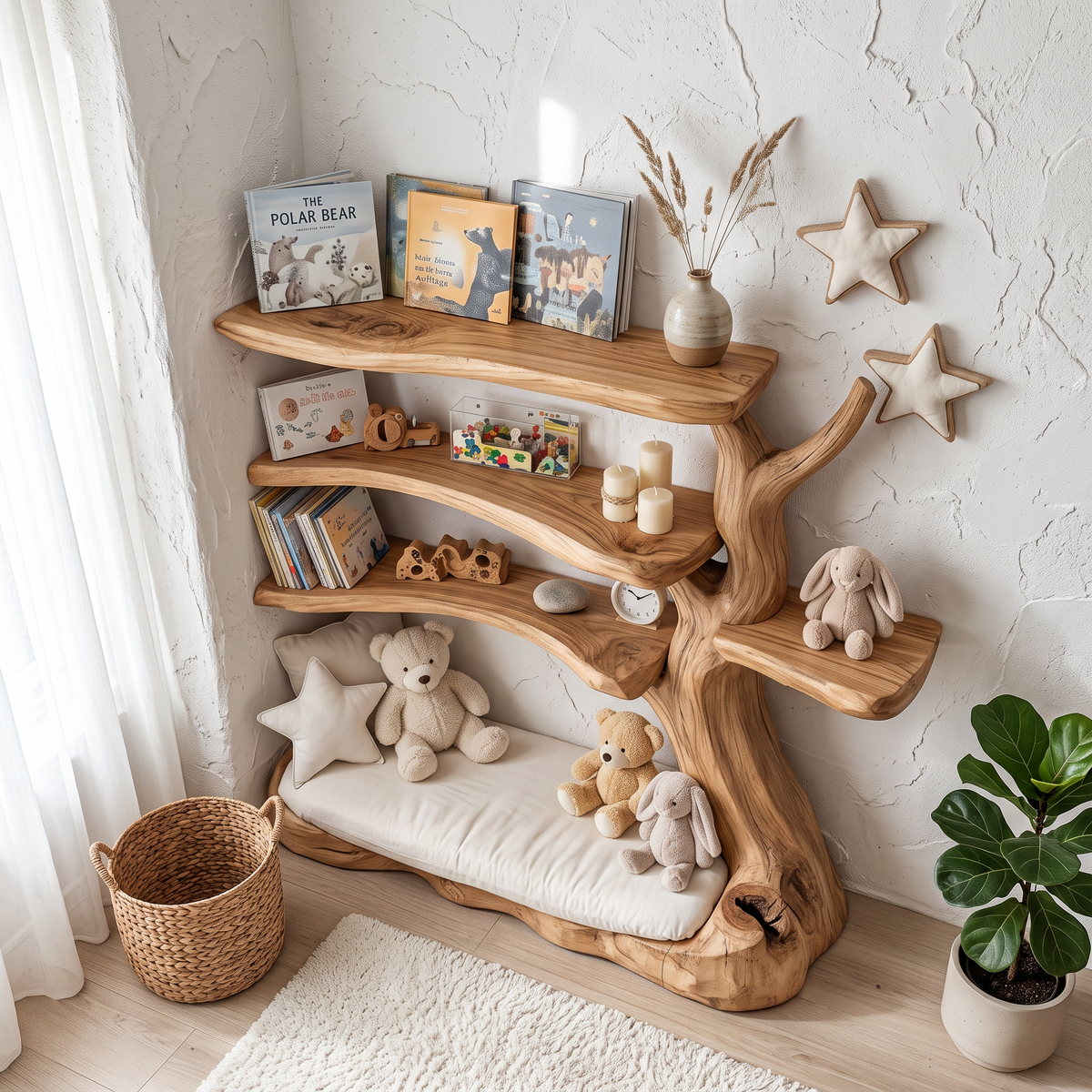 Tree Bookshelf for Nursery, Rustic Branch Shelf for Reading Nook