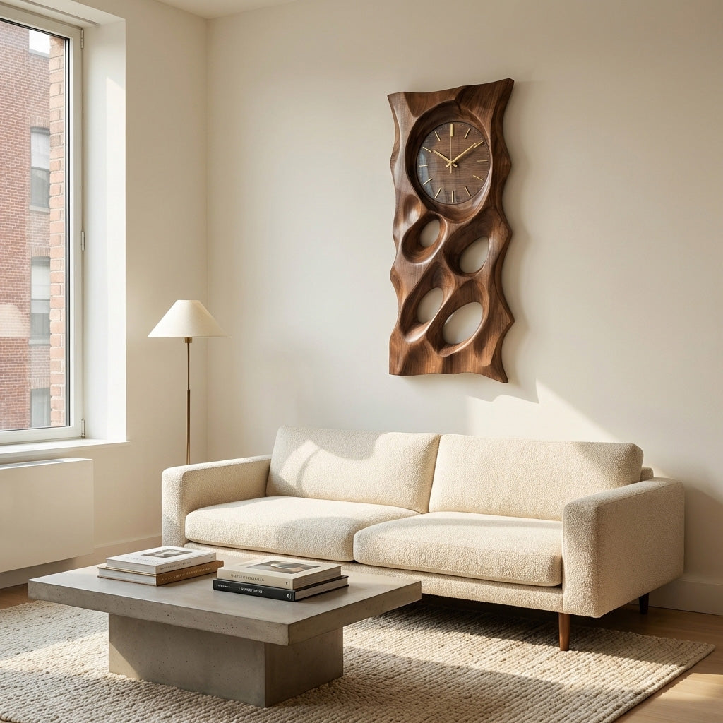 Modern Organic Wooden Wall Clock, 3D Hand-Carved Hollow Wood Hanging Clock
