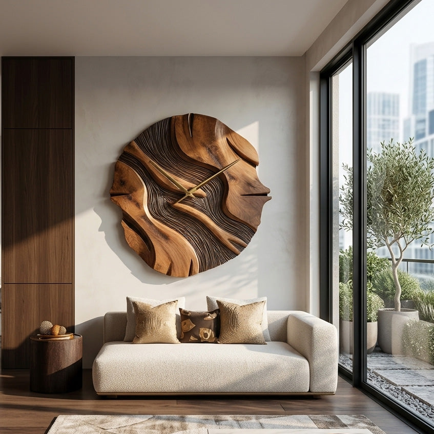 Organic Sculptural Wooden Wall Clock, Modern Abstract Hand-Carved Wood Clock