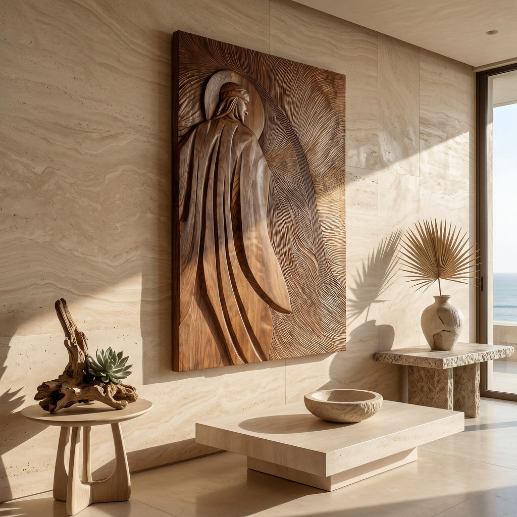 Contemporary Wooden Wall Art With Carved Figure For Living Room