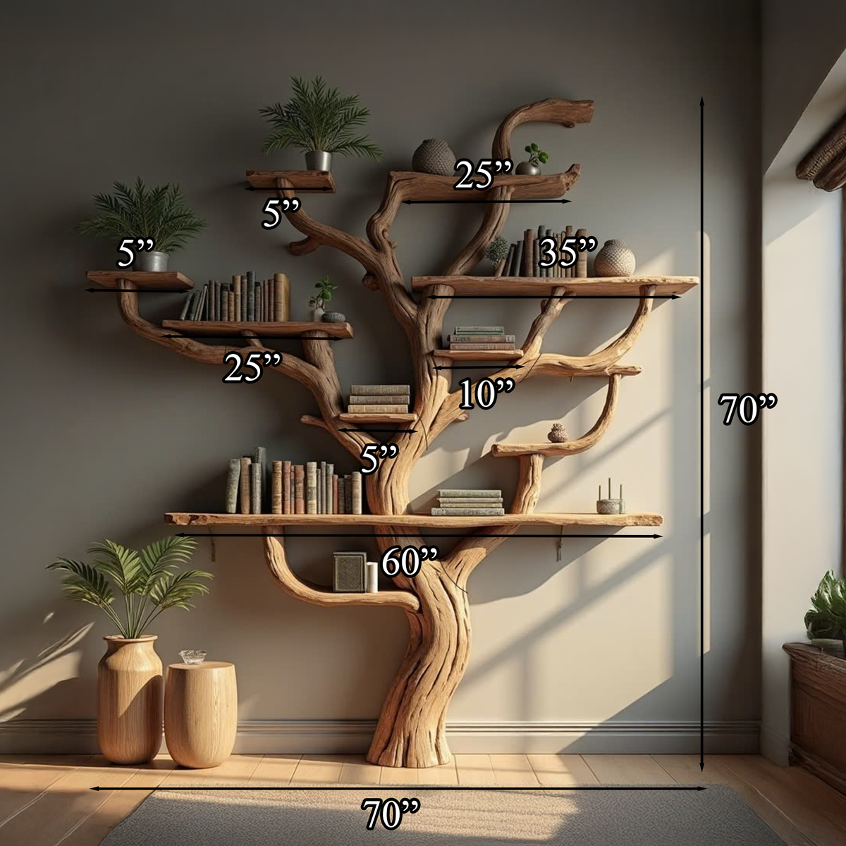 Corner Tree Branch Bookshelf, Wall Mounted Wood Bookcase