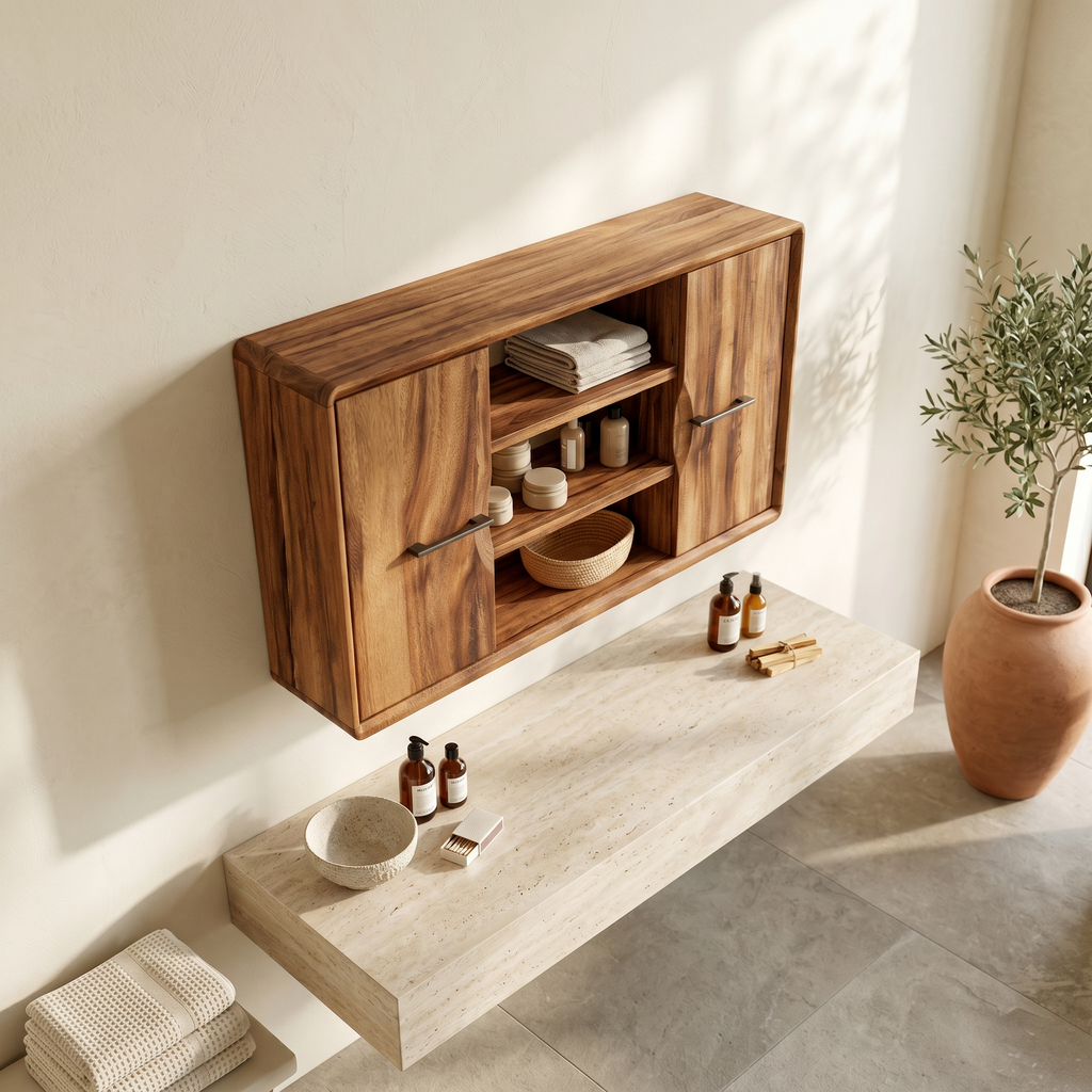 Japandi Solid Wood Open Shelf Bathroom Cabinet