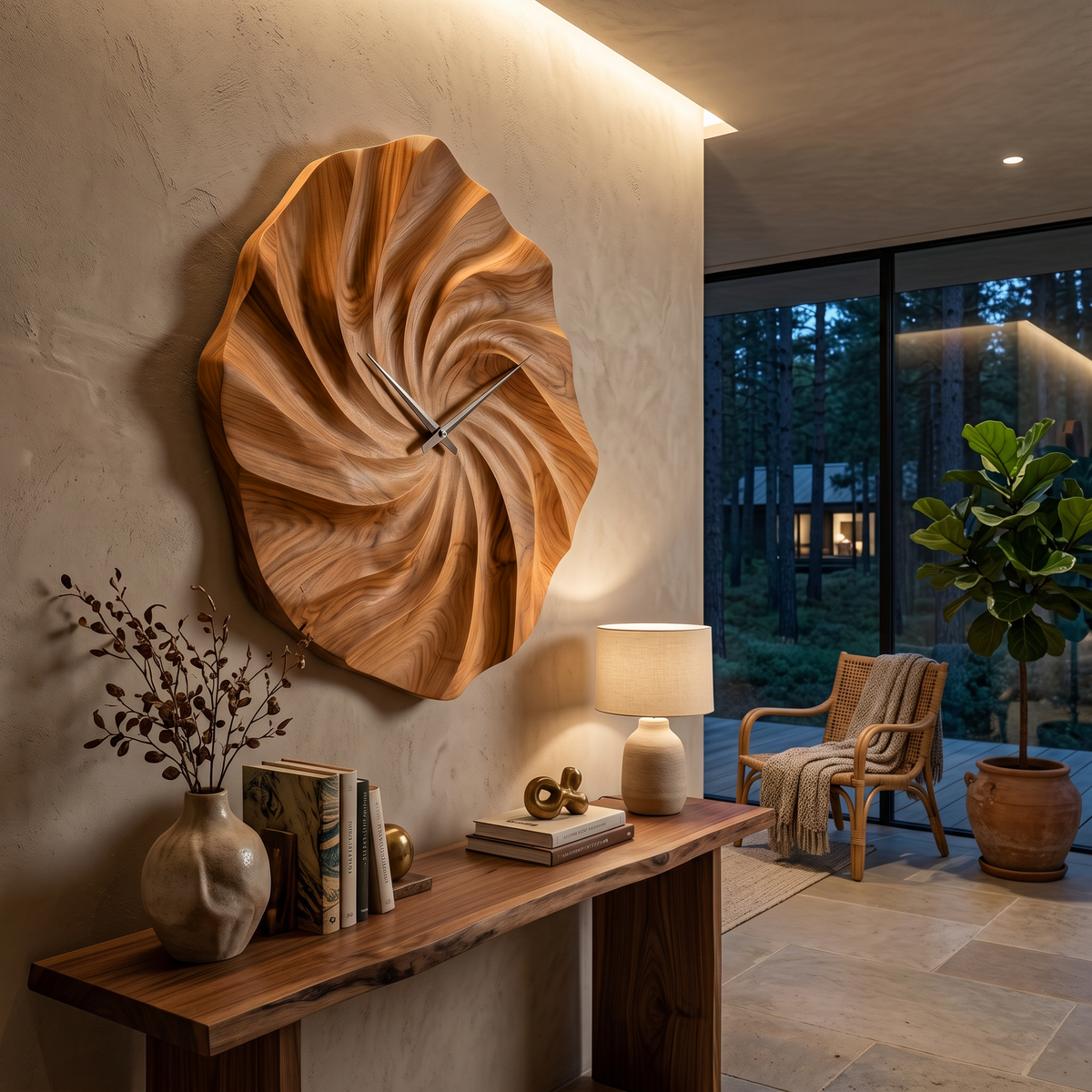 Artistic Wooden Wall Clock, Hand-Carved Ocean Wave 3D Wood Clock