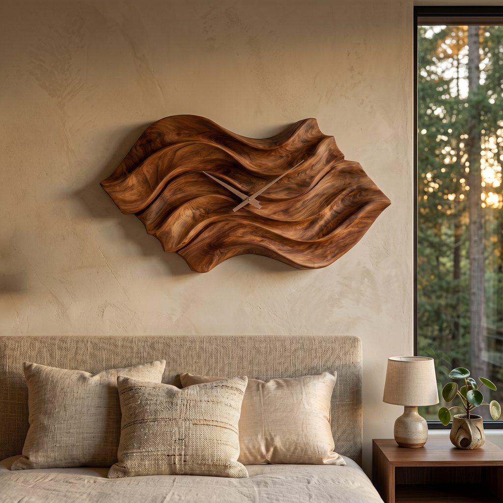 Modern Wooden Wall Clock, Organic Wavy Shape Solid Wood Quiet Timepiece