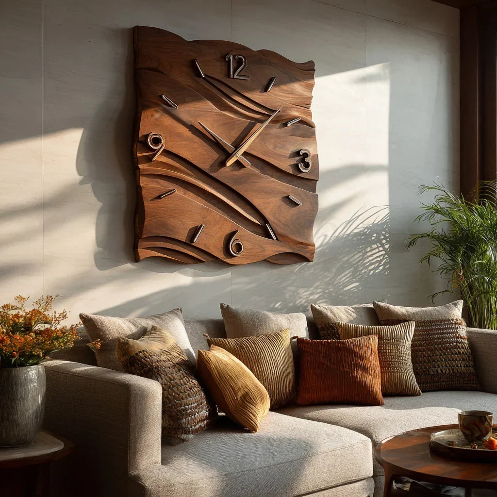 Organic Modern Wood Wave Wall Clock, Handcrafted Solid Wooden Wavy Artistic