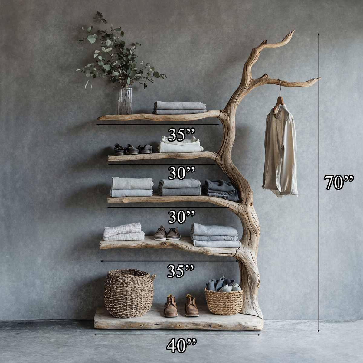 Driftwood Tree Branch Coat Rack With Shelf Shoe Storage