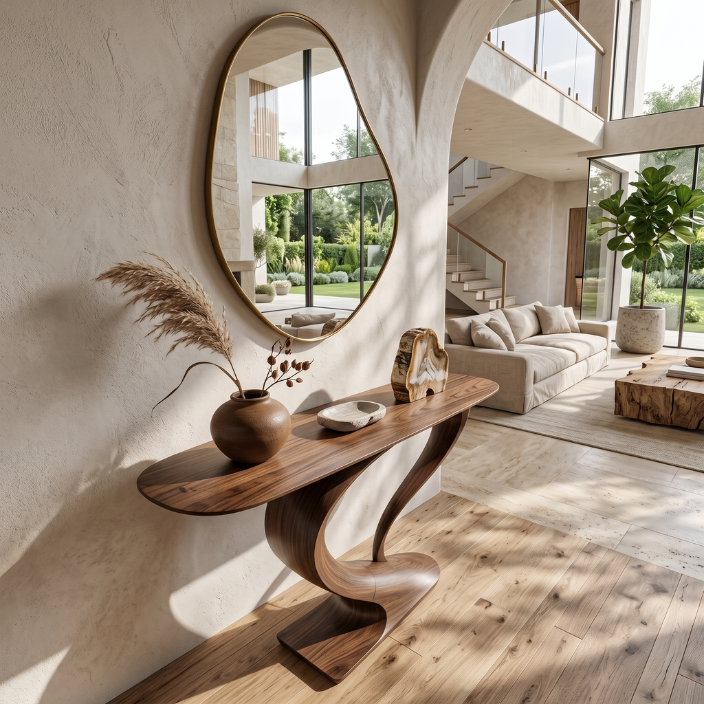 Curved Console Table, Contemporary Sculptural Solid Wood Design