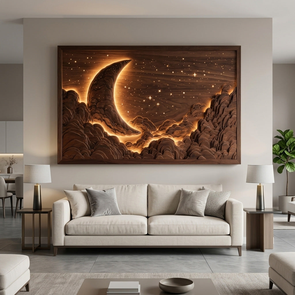 Moon and Stars Wood Wall Art, Hand-Carved Nursery and Bedroom Decor