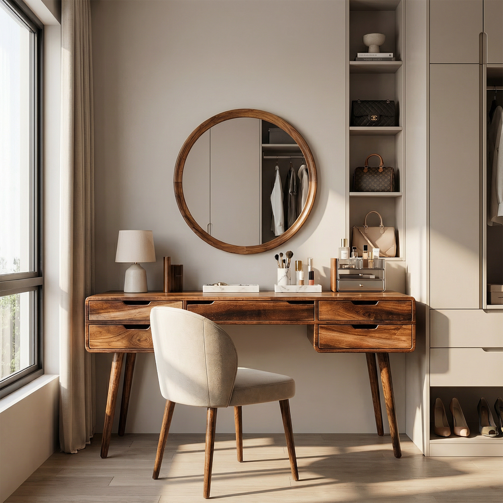 Classic Wooden Makeup Vanity Desk, Handcrafted Dressing Table with Storage Drawers for Bedroom Beauty Area & Dressing Room