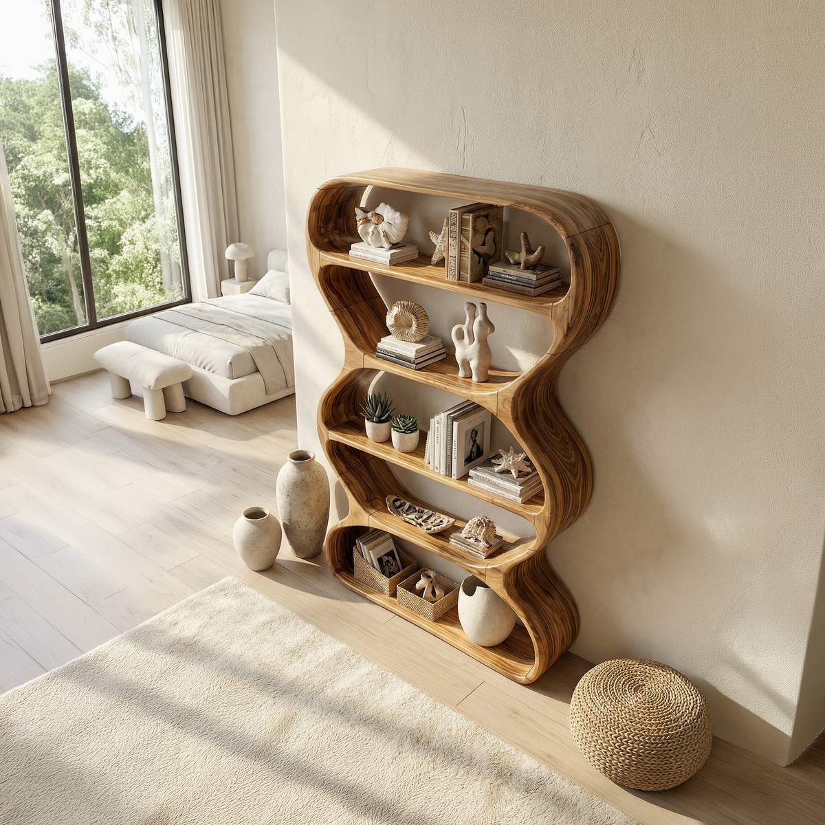 Contemporary Curved Wood Bookshelf, Handcrafted Artistic Solid Wooden Bookshelf and Floating Display Rack for Living Room Decor