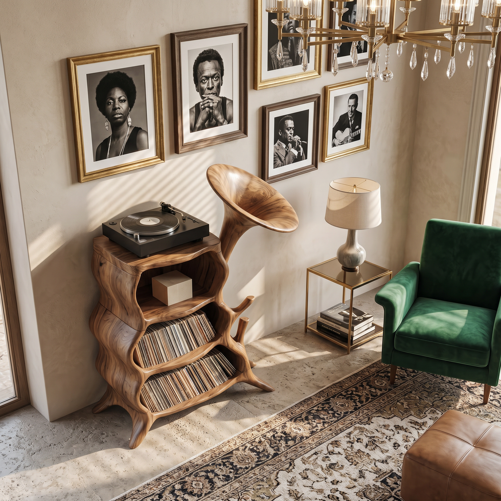Record Player Cabinet, Tall Cube Hardwood Media Console