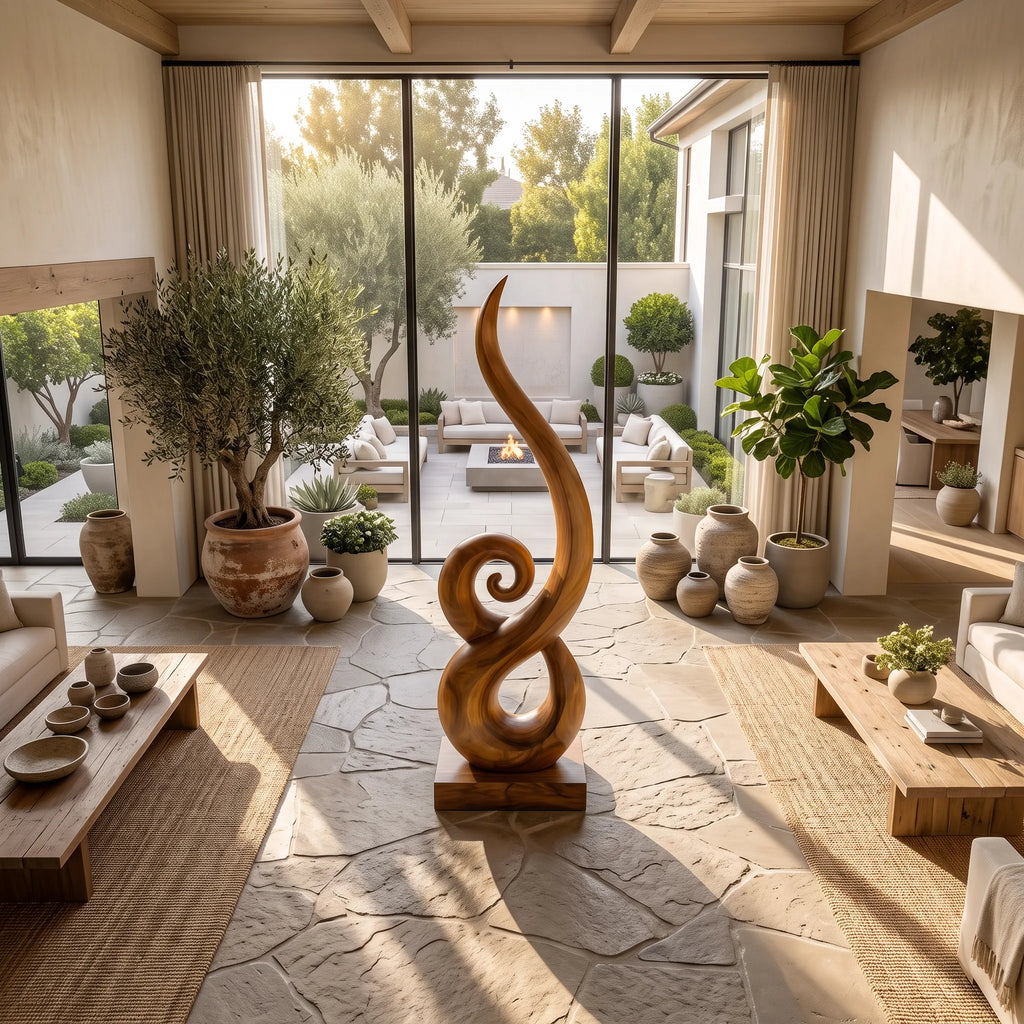 Japandi Abstract Swirl Wooden Sculpture For Zen Garden Decor