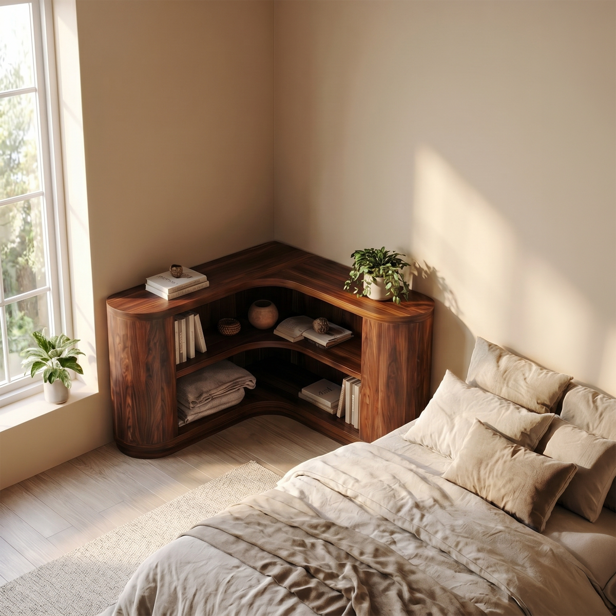 Corner Bookshelf, Scandinavian Minimalist Solid Wood Open Shelving