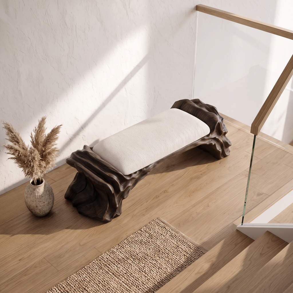 Contemporary Halloween Wood Bench With Oyster Inspired Base For Reading Nook