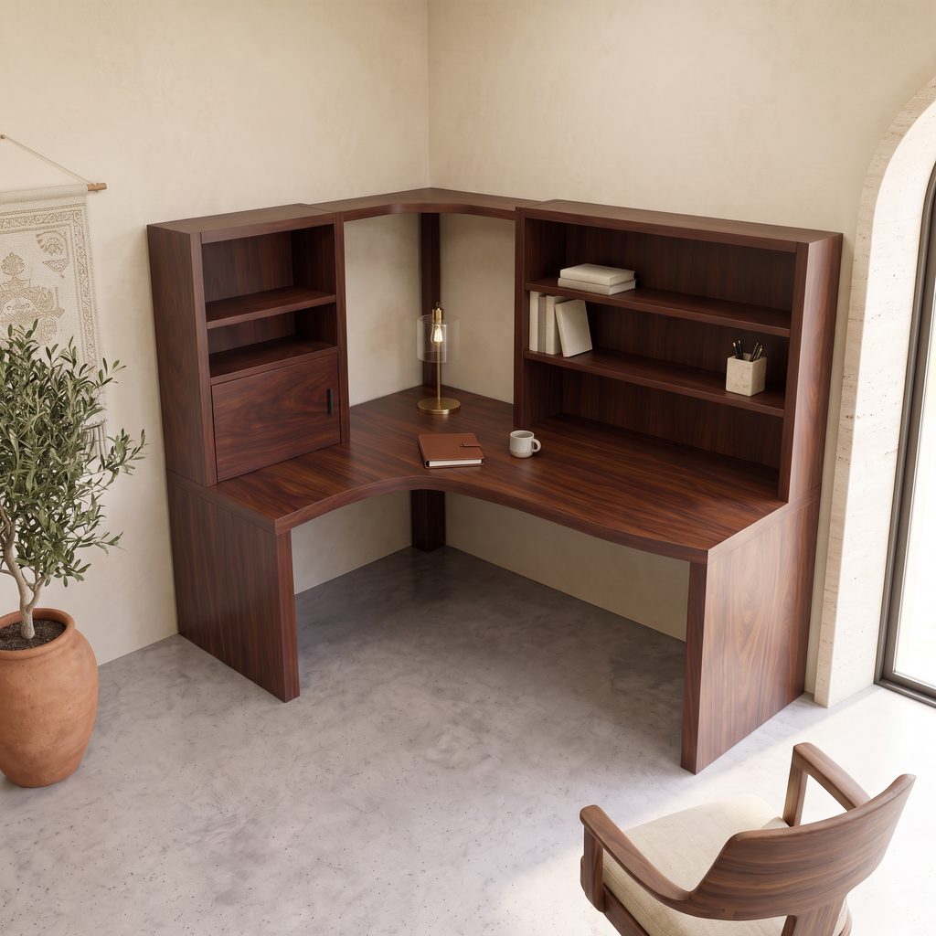 Contemporary Corner Desk With Built In Bookcase For Workspace