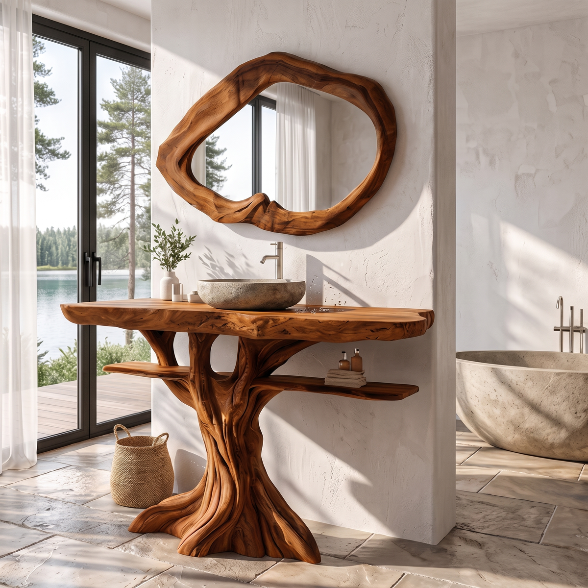 Contemporary Wooden Bathroom Vanity With Tree Inspired Frame For Bathroom